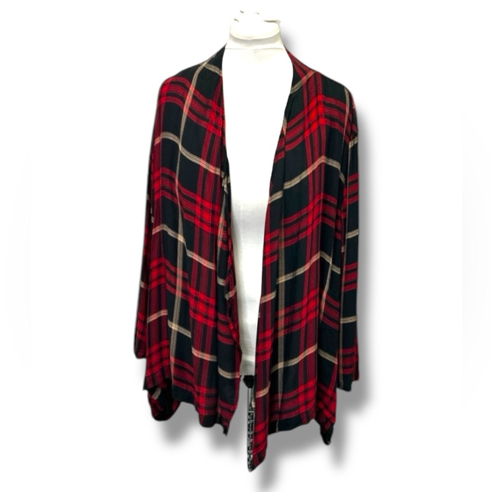 Catherines Women’s Plus Petite Open Front Cardigan Lightweight Plaid Red 3XW